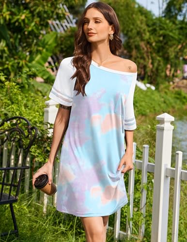 Image of Ekouaer Nightgowns for Women Color Block Sleep Shirt Short Sleeve Sleepwear