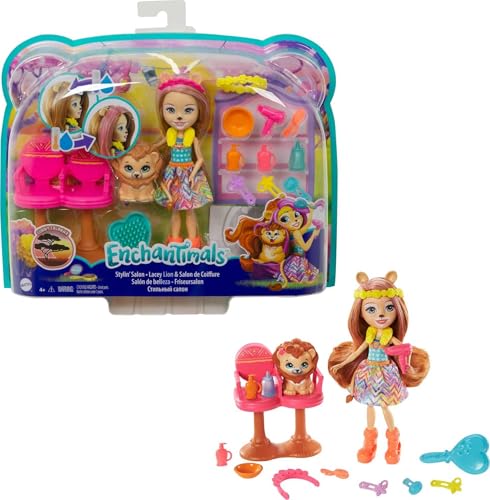 Enchantimals Lacey Lion y Sal&oacute;n de Belleza Mu&ntilde;eca con Mascota, Set de Juego y...