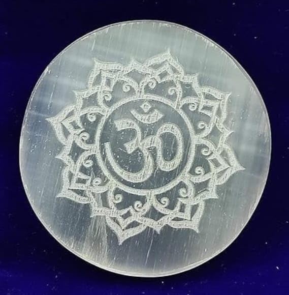 SHIVAM AGATE Ohm Symbol Crystal Selenite Charging Plate Engraved Ohm Symbol 3 to 4 Inch Used for Reiki Healing, Meditation, Home Decore, Pooja, Menifest and Crystal