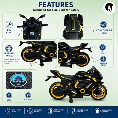Image of LITTLE PUP Yamaha R9 Battery Operated Bike for Kids | Electric Bike for Child | LED Light & Music | Baby Ride on Toy Rechargeable Battery | for Kids to Drive 2 to 10 Years Boys and Girls (Black)