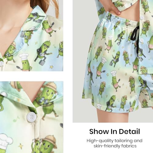 Image of Funny Satin Pajamas Set for Women Button Down Sleepwear Print Pjs Set 2 Piece Short Sleeve Loungewear Gift for Women