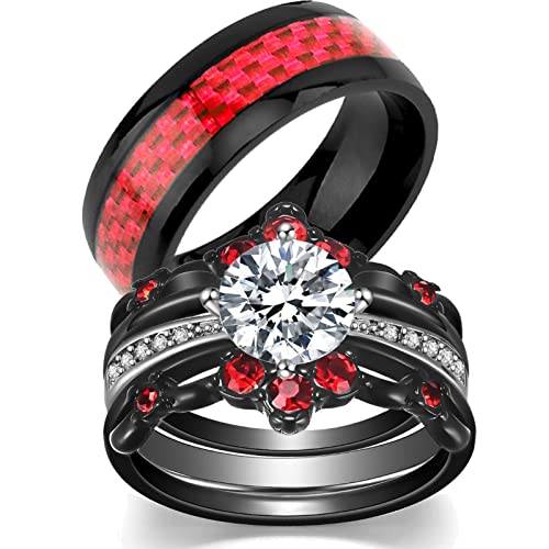 ringheart Couple Rings Black Matching Ring 1.5ct AAA CZ Women Wedding Ring Sets for Him and Her Red Wedding Ring