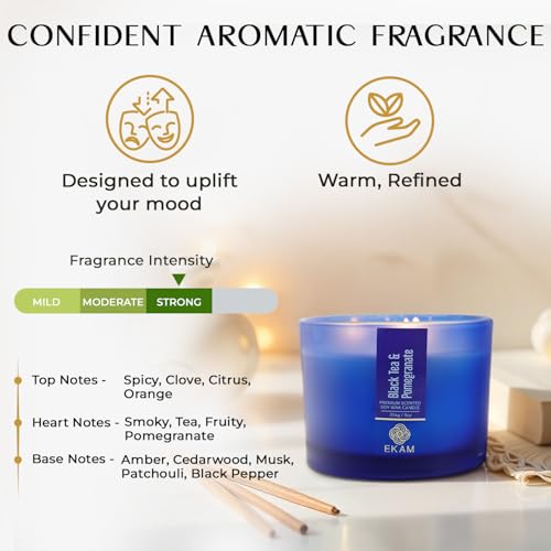 Image of EKAM 3 Wick Soy Wax Scented Candle | Black Tea & Pomegranate Fragrance | 35 Hr Burn | Long Lasting Premium Jar Candle for Home Decor, Relaxation & Gifting