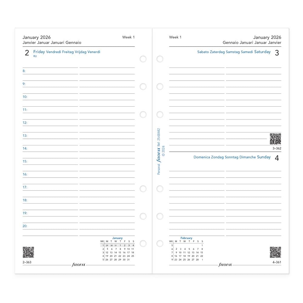 Filofax Calendar Diary Refill, Personal/Compact Size, Day on One Page with Appointments, Ruled, White Paper, Multilingual: Five Languages, 2026 (C68442-26)