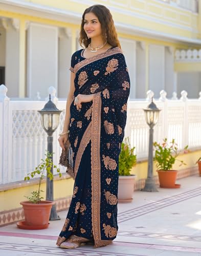 Image of SIRIL Women's Georgette Embroidery Saree With Unstitched Blouse