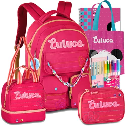 Kit Mochila Luluca Lancheira Estojo Escolar Meninas Juvenil Resistente Reforçada