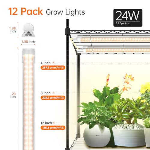 Plant Shelf with Grow Light, 4-Tier Large Grow Light Shelf with Wheels, Stainless Steel, 12-Pack 288W T8 Full Spectrum Grow Lights for Seed Starting(57.4" L x 13.8" W x 59" H)