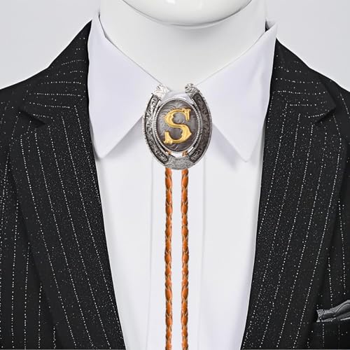 Image of Vintage Western Cowboy Monogram Initial Letter Bolo Tie for Men | Premium brown braided leather, adjustable sliding clasp, anti-tarnish alloy pendant, versatile A-Z western bolo tie