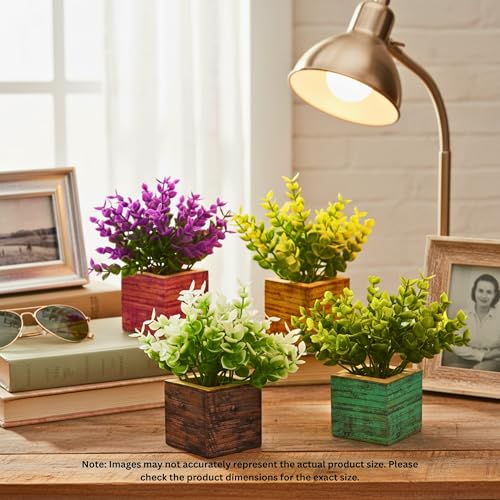 Image of DecoreBugs Artificial Mini Plant (4 Pack)| Small Artificial Faux Plants Home & Office Decor, Living Room, Bedroom, Tabletop & Shelves | Small Potted Plants | Stylish Wood Pot