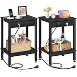WELIKERA 2 Mesitas de Noche, Mesa Auxiliar con Estación de Carga, Buros para Recamara, Mesas Auxiliares de 2 Niveles con...