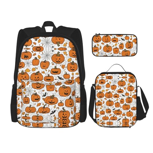 Halloween Pumpkin Patterns Print 3 Piece Backpack Set, Laptop Daypack, Lightweight Bookbag Set With Lunch Bag Pencil Case