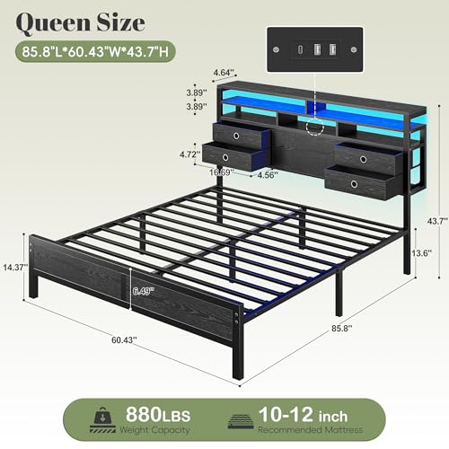 Image of Homkdom Queen Bed Frame with 3-Tier Storage Headboard and 4 Fabric Drawers, LED Light & Charging Station, Noise-Free Metal Platform, No Box Spring Needed, Easy Assembly, Black