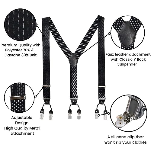 Image of The Tie Hub Suspenders for Men | Black Polka Slim Clip-On Y-Back Elastic Braces | Adjustable 1.25 Inch | Formal Wedding Office