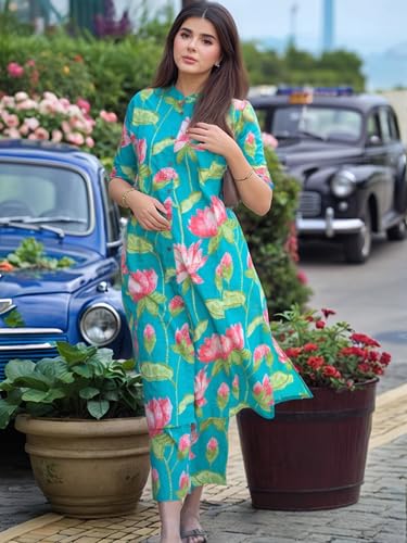 Image of GoSriKi Women's Rayon Viscose Printed A-Line Kurta with Pant
