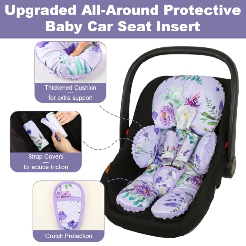 Image of Infant Car Seat Insert for Newborn Girls, Extra Thick & Soft Minky Preemie Car Seat Head Body Support Cushion with Strap Pads, Perfect for Stroller, Baby Bouncer, 2-in-1 Reversible, Purpke Floral