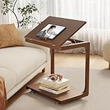 AQIMUELE Wooden C-Shaped End Table,Couch Table with Adjustable Desktop,Small Rolling Side Table with 2 Lockable Wheels 23.6' Width,Small End Table for Couch, Living Room,Bedroom (Walnut)
