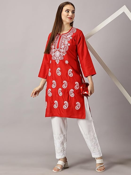 Image of FCH, Fashionable Chikan Handikraft Women's Cotton Lucknowi Chikankari Printed Straight Kurta for Regular Wear Girls Flared Kurta