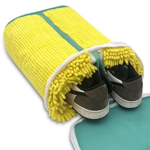 2 in 1 Shoe washing Bags for Washing Machine, Dual-Compartment Design, Plush Chenille 360° Protect and Clean, Mesh Insole Slot, Durable Hidden Hook-Type Zipper Reusable Shoe Laundry Bag