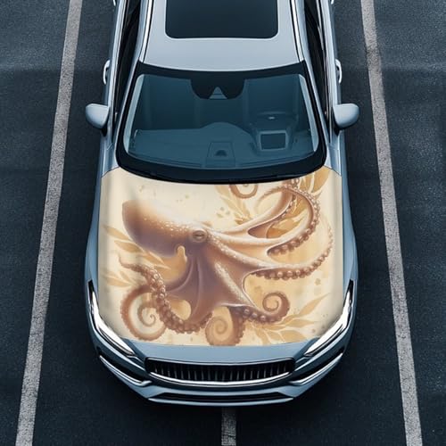 Image of Beige Octopus Car Hood Cover Stretchable Washable Automotive Exterior Accessories Classical Retro Art Octopus All-Season Protection Suitable for Most SUV Sedans