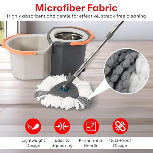 Image of Prime Pick Twin Spin Mop with Pedal Triangle Stainless Steel Wringer Puller Handle Microfiber Dry Wet Mop Floor Wall Cleaning with Extra Microfiber Cloth