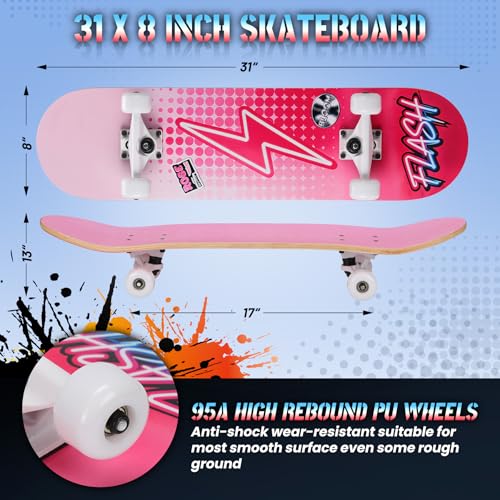 Image of Pro Complete Skateboards for Beginners Girls Boys Kids Youths Teens Adults 31 inchx8 inch Skate Boards 7 Layers Canadian Maple Double Kick Deck Concave Longboard