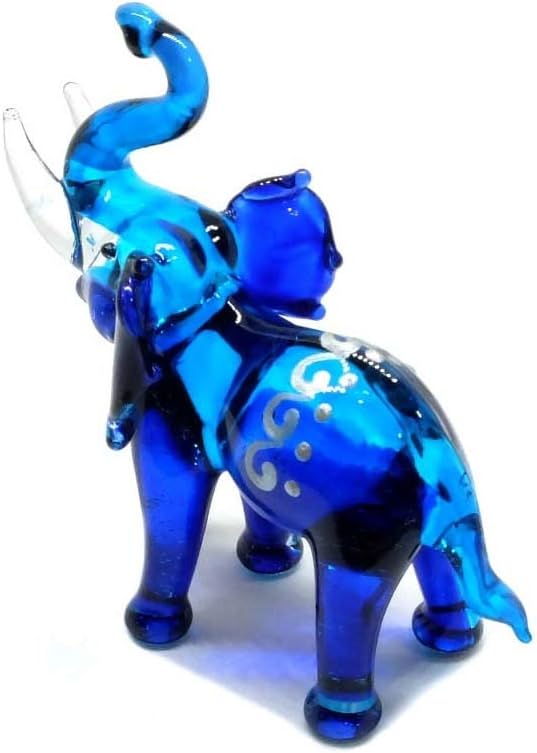 Handmade Mini 2.25" Blue Elephant Figures with Thai Art Blown Glass Art, Collectible Figurines Gift Ideas, Miniature Wild Animals, Tiny Ornament Cool Stuff Decor No.8