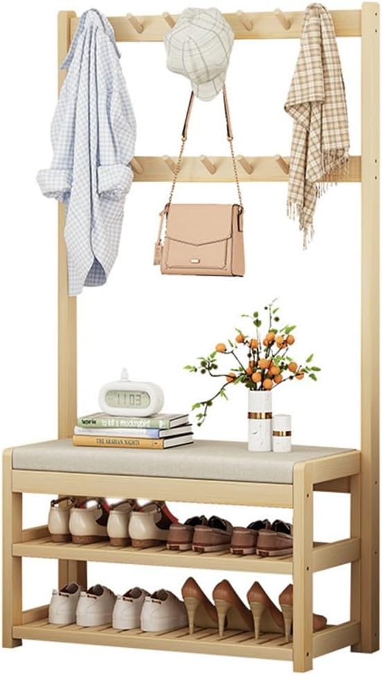 Coat Rack Hall Tree, with Bench, Shoe Rack and Coat Rack 3-in-1 Entryway Shoe Storage Cabinet, 3 Tier Shoe Shelf Storage Organizer Rack