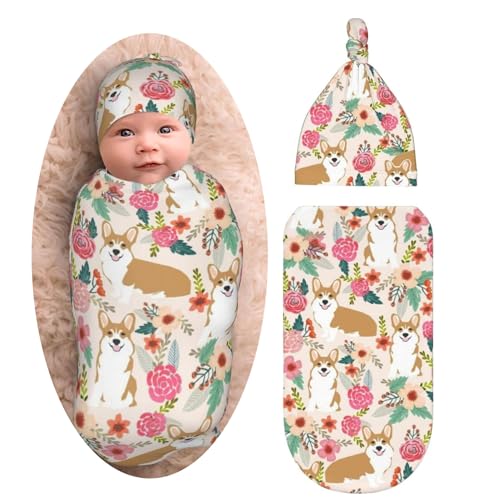 Image of Cute Corgi Dog Baby Stuff Newborn Swaddle Blanket Cartoon Wrap Blanket Soft Stretchy Sleep Sack with Beanie Hat Gifts for Boys Girls Infant