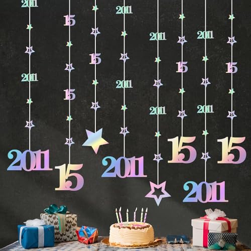 Image of Eucutur Iridescent 15th Birthday Decorations for Girls Boys, Pre-Strung Glitter Twinkle Number Vintage 2011 Fifteen Years Old Hanging Streamer Banner Party Supplies, Sweet 15th Bday Anniversary Decor