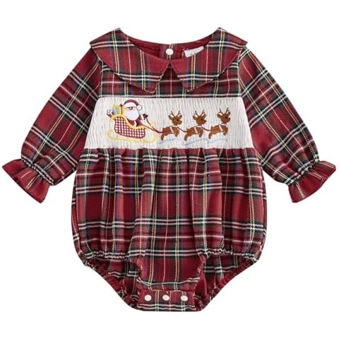 Adobabirl Baby Girl Christmas Outfit Santa Claus Bubble Romper Long Sleeve Embroidery Plaid Jumpsuit Cute Christmas Clothes (Sleigh Elk-Red, 12-18 Months) Cover