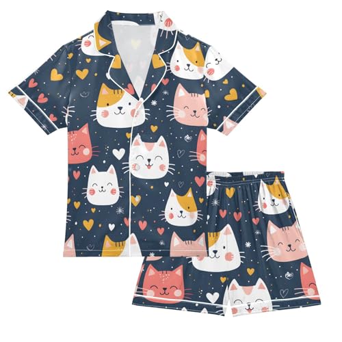 ALAZA Cat Love Heart Black Satin Pajamas Set Short Sleeve Button Down Sleepwear Summer Pjs 2 Piece