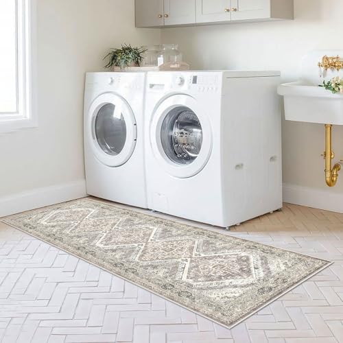 KUTA Oriental Washable Runner Rug, 2x6 Non-Slip Vintage Ivory Grey Yellow Hallway Kitchen Runners Ultra Soft Printed Distressed Tribal Floor Carpet Rugs for Laundry Bedroom Living Room