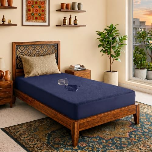 Image of Lithara Terry Cotton Fitted Mattress Protector for Single Bed | Waterproof & Elastic Band | Ultra Soft & Hypoallergenic Mattress Cover | Size : 36 x 72 Inches (3 x 6 Feet) | (Navy Blue)