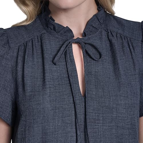 Image of DKNY Women's Front Tie Ruffle Neckline Trapeze Dress