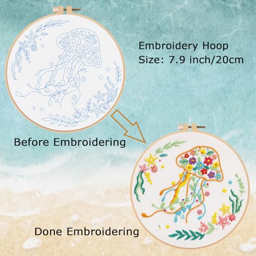 Image of Louise Maelys Jellyfish Embroidery Kit for Beginners Adults | Animal Embroidery Starter Kit With Stamped Fabric, Hoop, Threads, Needles And Instructions DIY Craft,Cross Stitch Kit