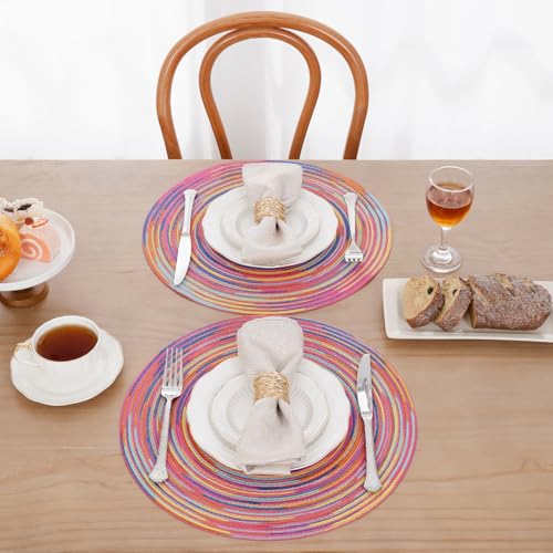 Image of SHACOS 15 inch Round Placemats Set of 6 Variegated Multicolor Place Mats Cotton Polyester Braided Non Slip Washable Heat Resistant Table Mats for Home Wedding Dinner Party Table Decor, Rainbow Pink