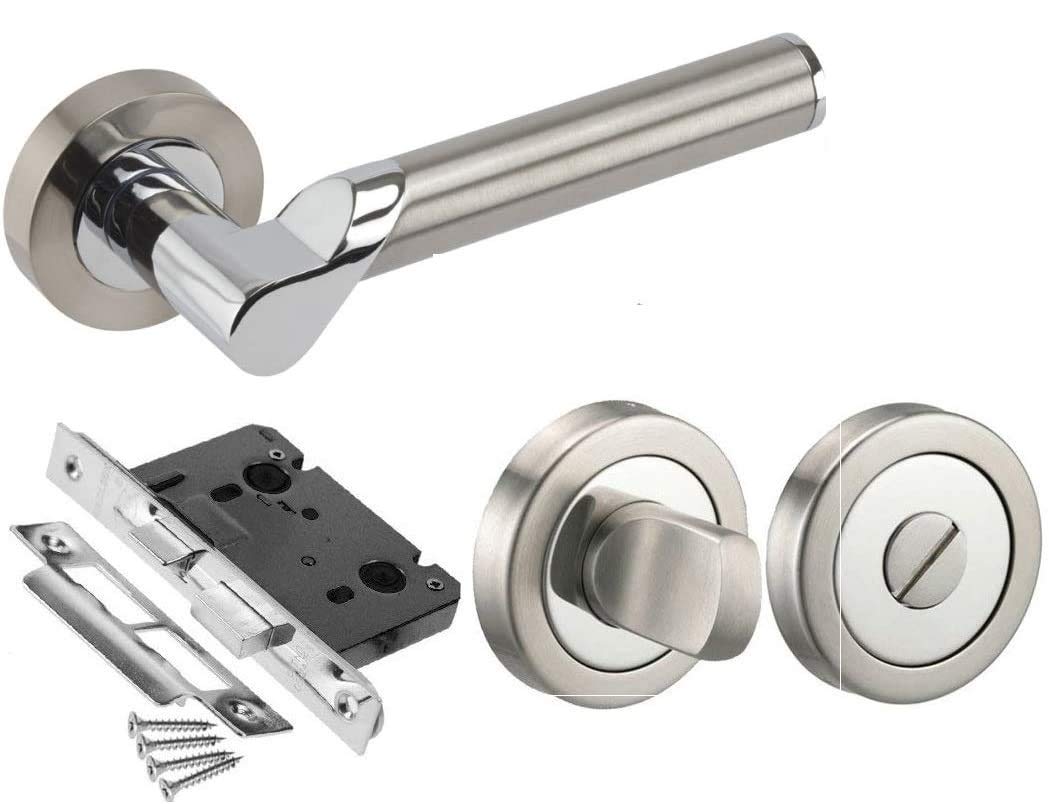 Golden Grace Duo ( Satin Nickel /Polished Chrome) Titan Design Modern Bathroom Door Handle In Duo Chrome Finish With Thumbturn & Bathroom Mortise Lock