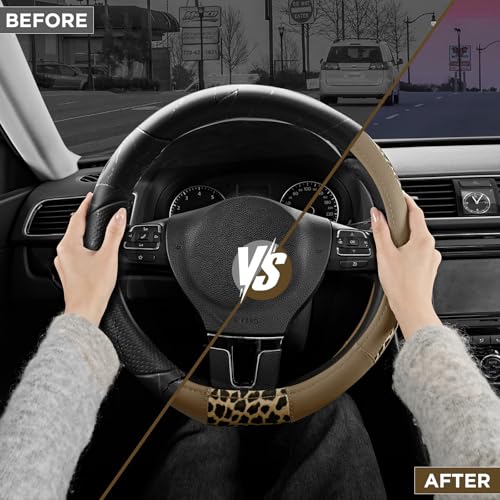 Road Comforts Steering Wheel Cover - Flat Bottom Wheel Cover Made with PVC Leather and Leopard Fabric - Universal Fit for 15-Inch D-Shaped Automotive Steering Wheels (Beige Color) by Road Comforts - Image 3