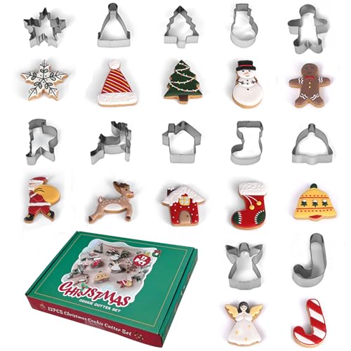 Christmas Cookie Cutter Set of 12, Stainless Steel Christmas Cookie Molds For Baking Biscuits -Christmas Tree, Gingerbread Man, Snowflake, Snowman Shapes For Favorite Holiday Baking (Green Gift Box)