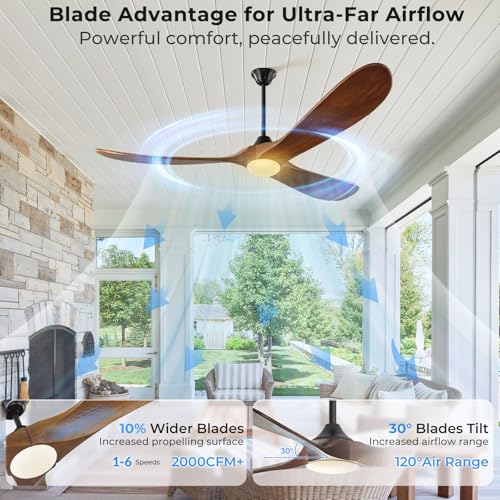 Image of 52 inch Outdoor Ceiling Fans with Lights-Glass Lamp, Smart Ceiling Fan with WIFI Alexa and App Remote Control, Damp Rated Wood Propeller Blades for Patios & Porch, 3 Blades, High CFM 6 Speed, Walnut