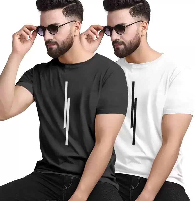 Image of Classic Men Solid Polyester Round Neck Tshirt || 11 Lines Graphic, Regular Fit, Comfortable T-Shirt for Men (Pack of 2)