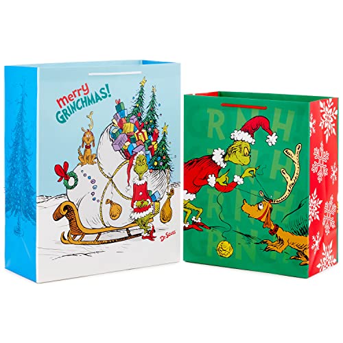 Hallmark Grinch Christmas Gift Bags for Kids (2 Bags: 1 Large 13 1 Extra Large 15) Grinch with Max and Sleigh Dr. Seuss How the Grinch Stole Christmas!