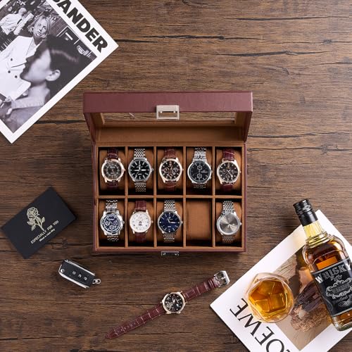 Image of ProCase Watch Box for Men, 10 Slot Mens Watch Case, Watch Storage Watch Holder Organizer for Men, Watch Display Case With Glass Lid -10 Slot, Espresso