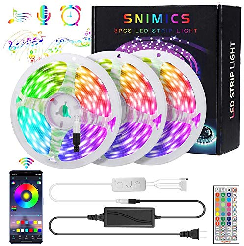 LED Strip Lights, SNIMICS 50FT/15M Music Sync RGB LED Strip 5050SMD Color Changing Rope Lights Flexible Tape Light Kit Bluetooth Controller+ 44 Key Remote LED Lights for Bedroom Home Party