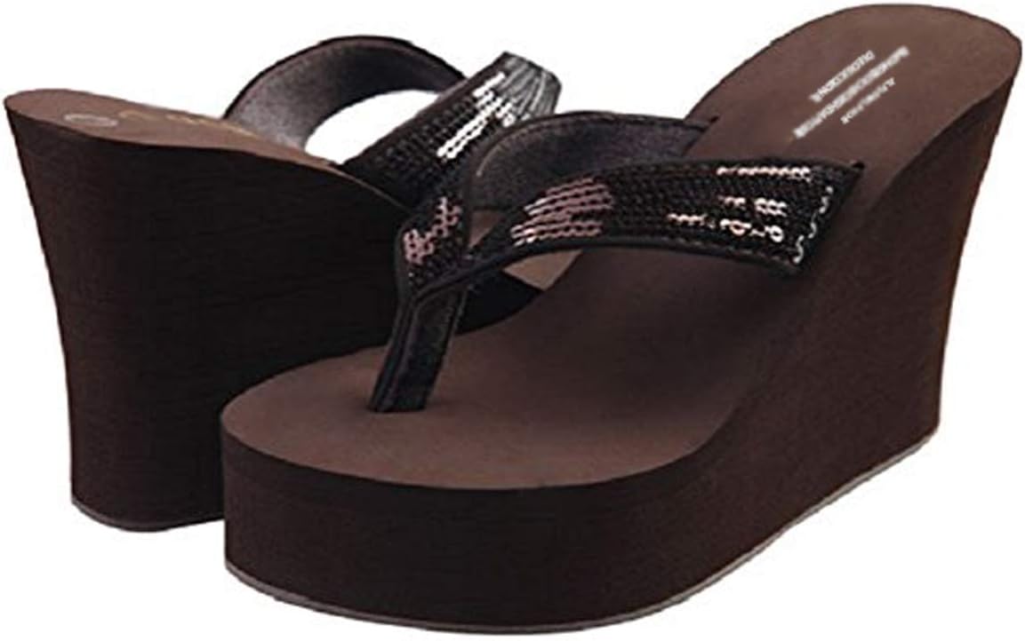 Hanxue Womens Glitter Chunky Wedge Flip-Flops Sandals