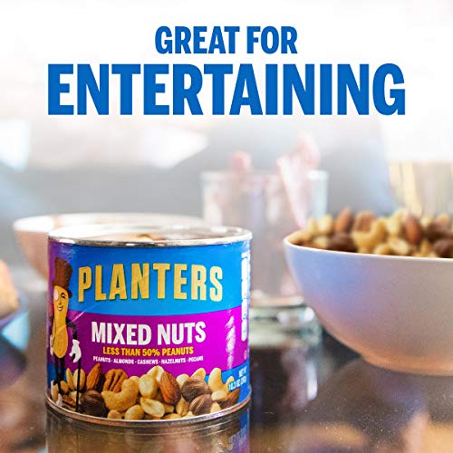 PLANTERS Mixed Nuts, 10.3 oz Canister - Peanuts, Almonds, Cashews, Hazelnuts & Pecans Roasted in Peanut Oil - Game Day Snacks, Movie Snacks & After School Snacks - Resealable Lid - Kosher