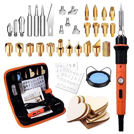Preciva Kit de 45 piezas de pirograbado en madera,Kit Pirograbadores Eléctrico de 60W con temperatura regulable entre 220°C y 480°C. Un soldador pirografo profesional para madera, cuero y grabados