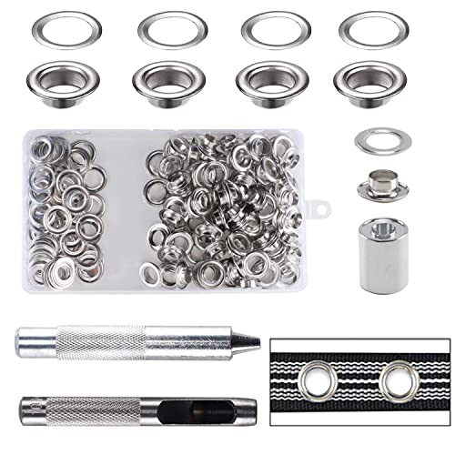 Mengger Trousse à œillets pour bâche couture Tissu Fabrication de Rideaux et travaux manuels réparation bâche 100 pcs Oeillets à œillet 10mm Grommets kit (Argent)