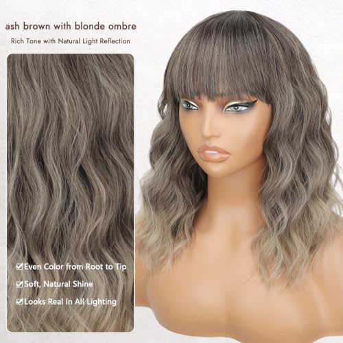 Image of Nnzes Ash Wigs for Women 16 Inch Synthetic Short Curly Wig with Bangs | Ash Brown Ombre | Natural Looking | Soft Wavy | Heat Resistant | Shoulder Length | Beginner Friendly | Daily Cosplay
