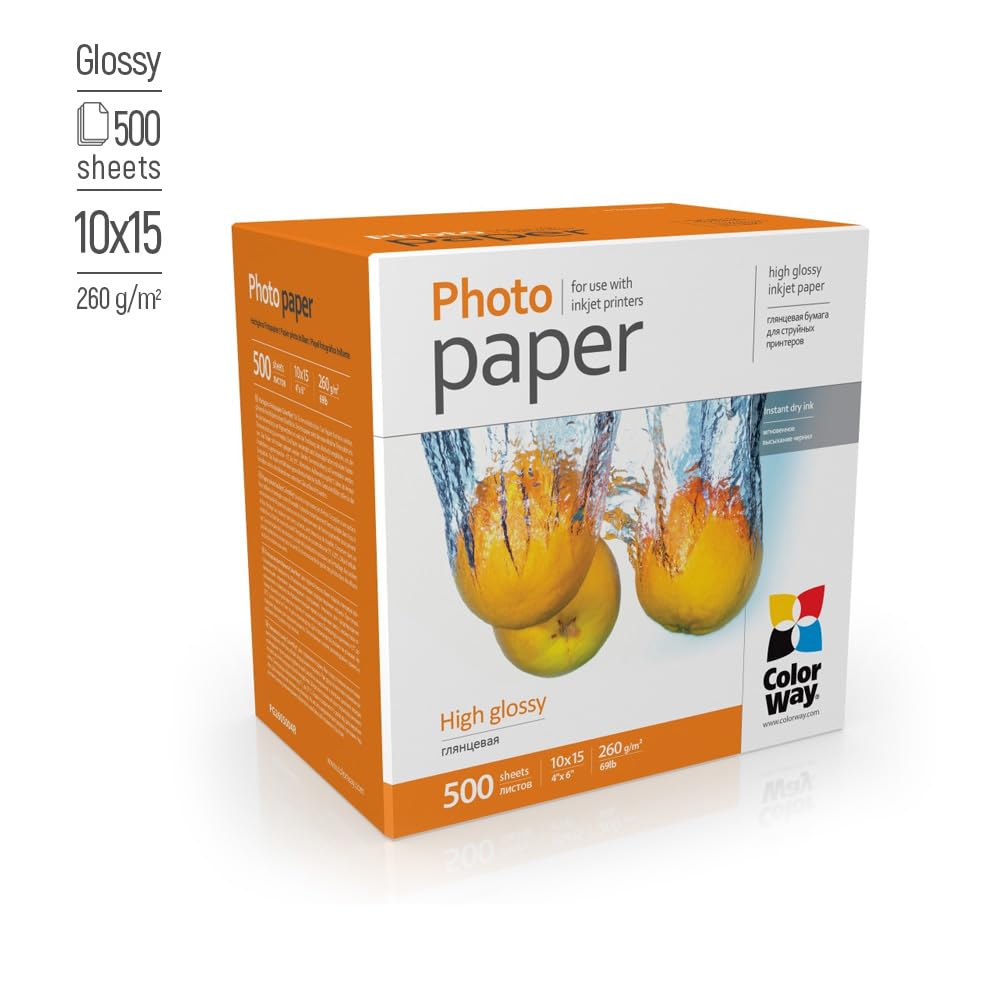 ColorWay Hochglänzend Premium Fotopapier 260 g/m², 10x15 cm, 500 Blatt | Premium Glänzende Oberfläche für lebendige Ausdrucke